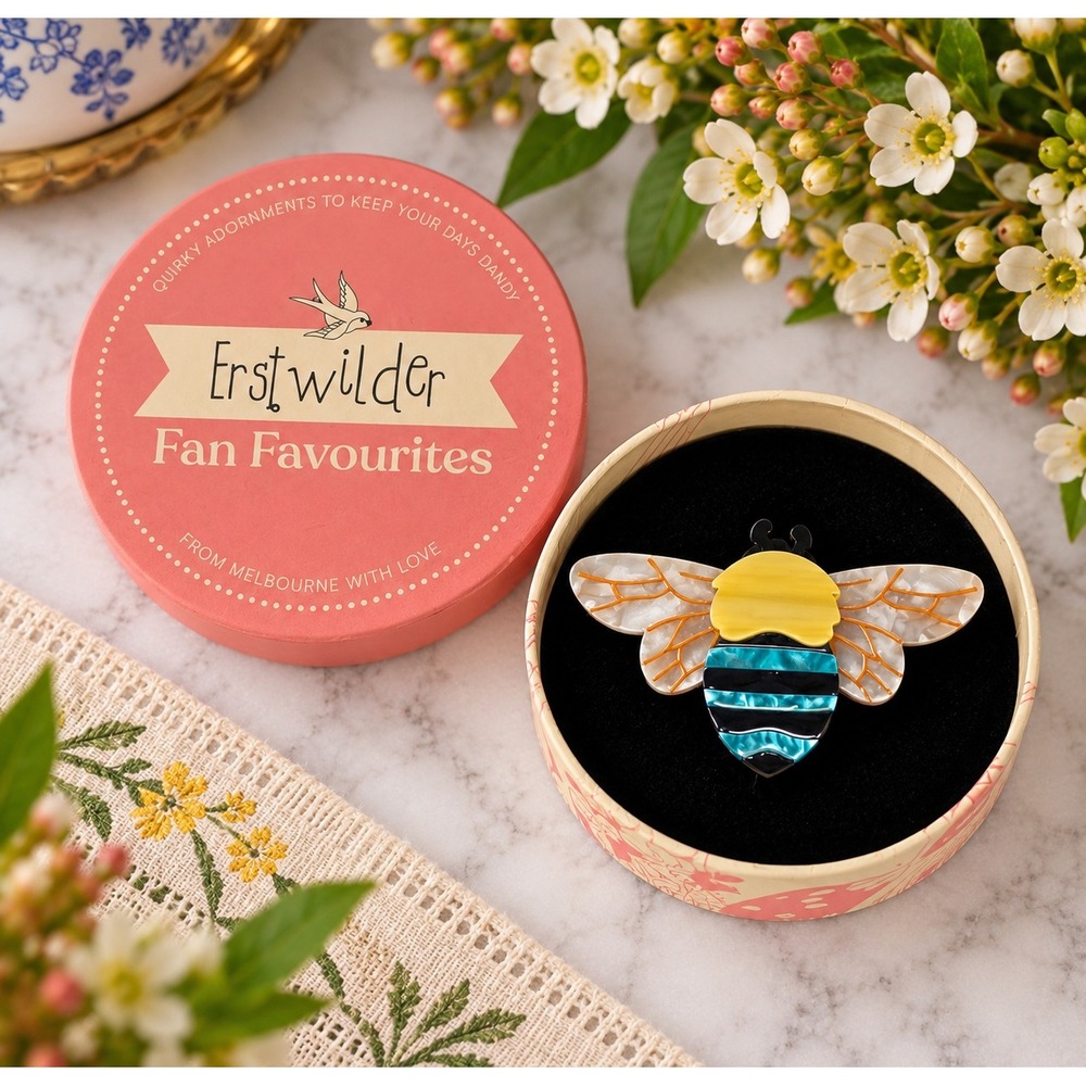 NWT Erstwilder To Bee Or Not To Bee Brooch Women Blue Yellow Resin Insect Pin